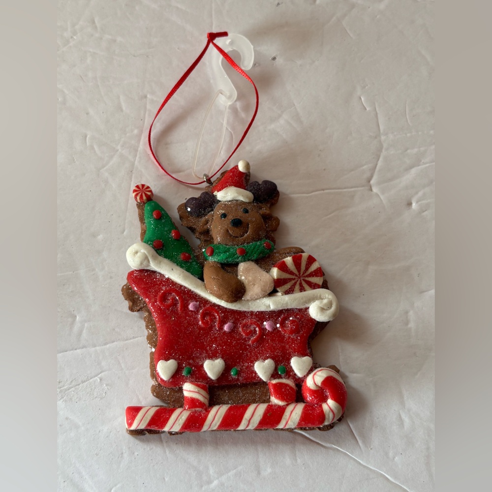 NEW - Gingerbread Dog Sleigh Clay Ornament